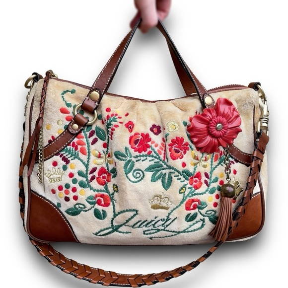 Juicy Couture Handbags - Juicy Couture Satchel VTG Floral Terry Cloth Leather Handbag Crossbody Bag Charm